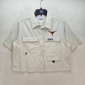 COLUMBIA SPW WOMEN'S M CROPPED BUTTON UP TEXAS LONG HORN PFG SHIRT WHITE NWOT